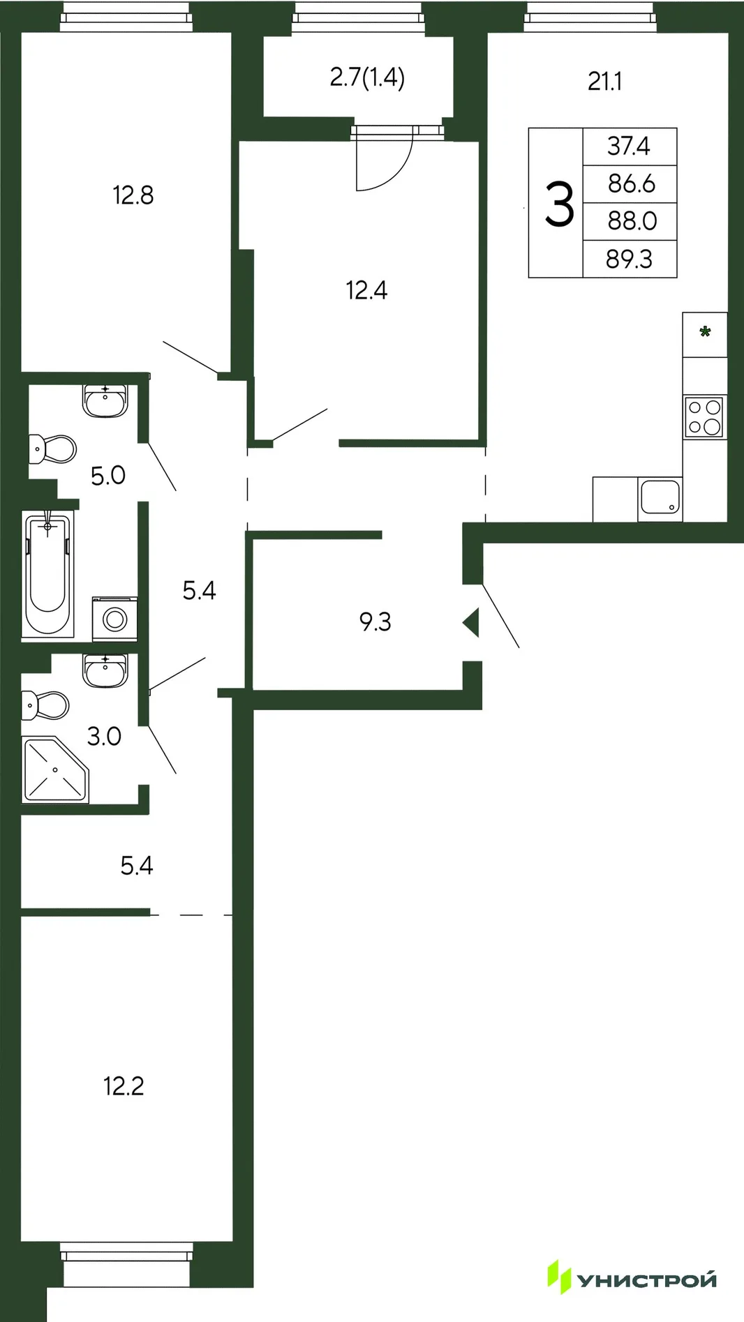Планировка 3-комн. квартира, 88 м² ЖК «Парковый квартал 2.0»