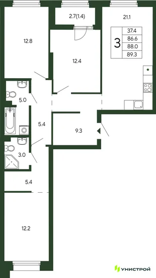 Планировка 3-комн. квартира, 88 м² ЖК «Парковый квартал 2.0»
