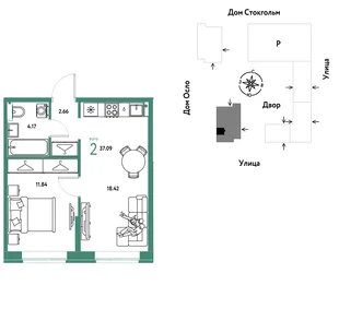 Планировка 2-комн. квартира, 37.09 м² ЖК «Европейский берег 2.0»
