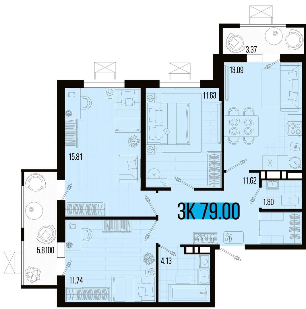 Планировка 3-комн. квартира, 74.42 м² ЖК «Цветной бульвар»
