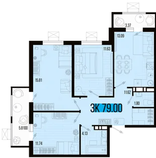 Планировка 3-комн. квартира, 74.42 м² ЖК «Цветной бульвар»