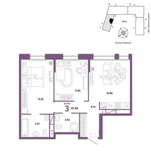 Планировка 3-комн. квартира, 61.46 м² ЖК «Микрорайон Домашний»