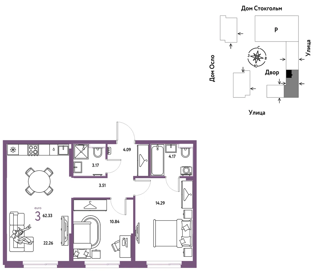 Планировка 3-комн. квартира, 62.33 м² ЖК «Европейский берег 2.0»