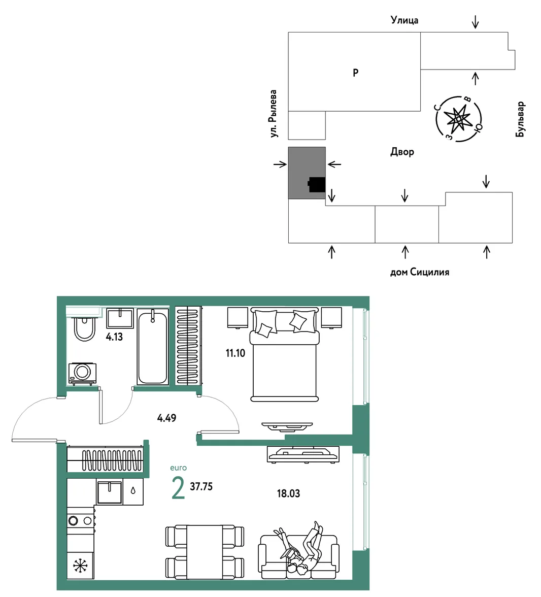 Планировка 2-комн. квартира, 37.75 м² ЖК «Остров-сад»