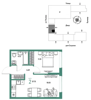 Планировка 2-комн. квартира, 37.75 м² ЖК «Остров-сад»