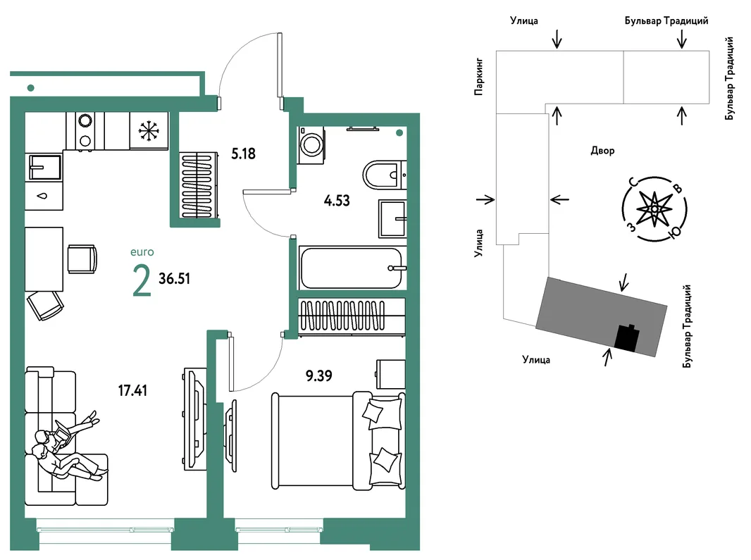 Планировка 2-комн. квартира, 36.51 м² ЖК «Микрорайон Домашний»