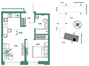 Планировка 2-комн. квартира, 36.51 м² ЖК «Микрорайон Домашний»