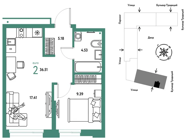 Планировка 2-комн. квартира, 36.51 м² ЖК «Микрорайон Домашний» Планировка 2-комн. квартира, 36.51 м² ЖК «Микрорайон Домашний»