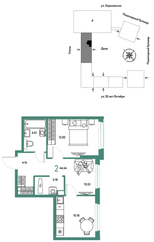 Планировка 2-комн. квартира, 44.44 м² ЖК «Сердце Сибири»
