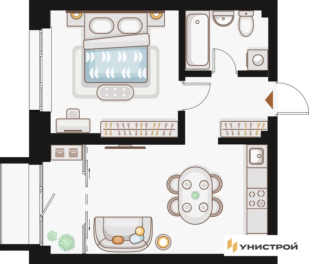 Планировка 1-комн. квартира, 44.06 м² ЖК «Жилой кластер Q на Кулагина»