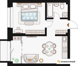 Планировка 1-комн. квартира, 44.06 м² ЖК «Жилой кластер Q на Кулагина»