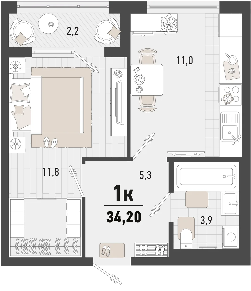 Планировка 1-комн. квартира, 34.2 м² ЖК «Барса»