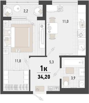 Планировка 1-комн. квартира, 34.2 м² ЖК «Барса»