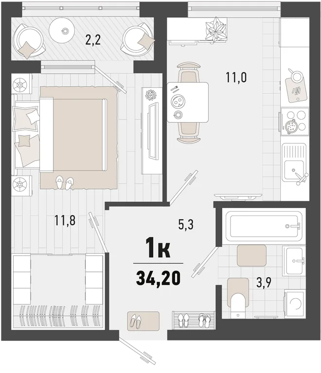 Планировка 1-комн. квартира, 34.2 м² ЖК «Барса»