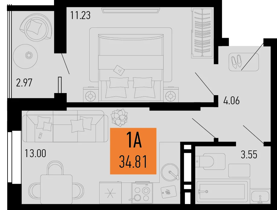 Планировка 1-комн. квартира, 34.81 м² ЖК «Столицыно»