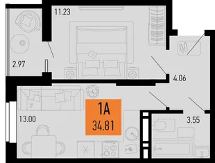 Планировка 1-комн. квартира, 34.81 м² ЖК «Столицыно»