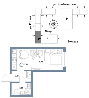 Планировка Студия, 23.83 м² ЖК «Уральский сад»