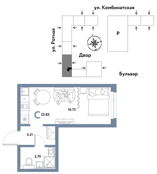 Планировка Студия, 23.83 м² ЖК «Уральский сад» Планировка Студия, 23.83 м² ЖК «Уральский сад»