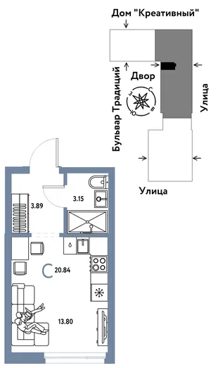 Планировка Студия, 20.84 м² ЖК «Микрорайон Домашний»