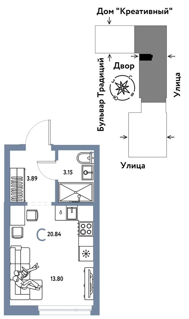 Планировка Студия, 20.84 м² ЖК «Микрорайон Домашний»