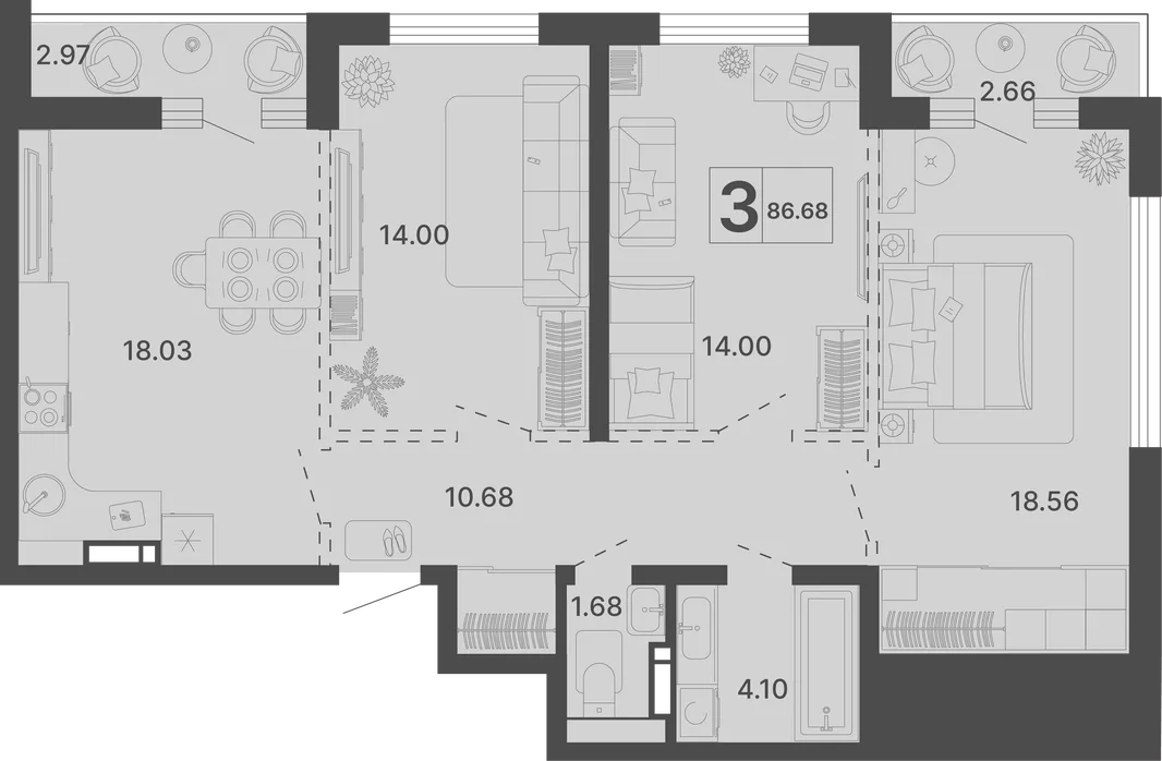 Планировка 3-комн. квартира, 86.68 м² ЖК «Светский лес»