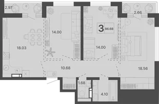 Планировка 3-комн. квартира, 86.68 м² ЖК «Светский лес»
