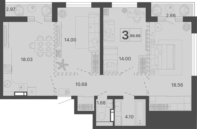 Планировка 3-комн. квартира, 86.68 м² ЖК «Светский лес» Планировка 3-комн. квартира, 86.68 м² ЖК «Светский лес»