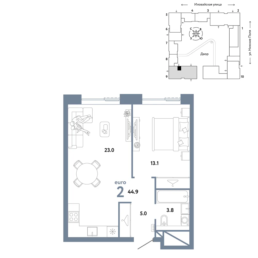 Планировка 2-комн. квартира, 44.9 м² ЖК «Страна.Заречная»