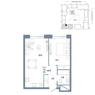 Планировка 2-комн. квартира, 44.9 м² ЖК «Страна.Заречная»