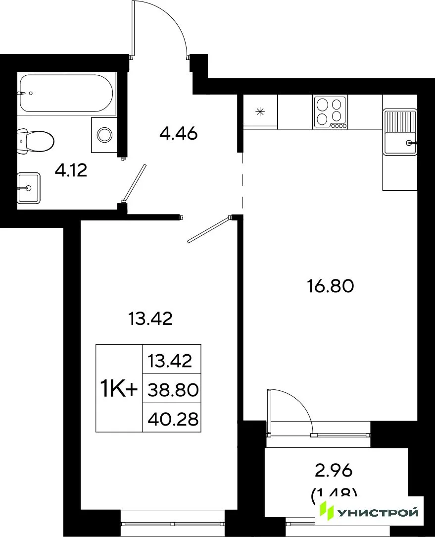 Планировка 1-комн. квартира, 40.28 м² ЖК «Уникод На Залесной»
