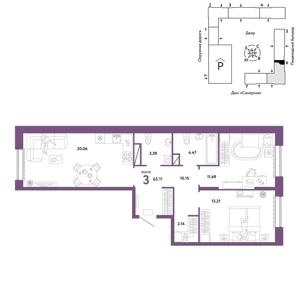 Планировка 3-комн. квартира, 65.11 м² ЖК «Юнион»