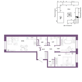 Планировка 3-комн. квартира, 65.11 м² ЖК «Юнион»