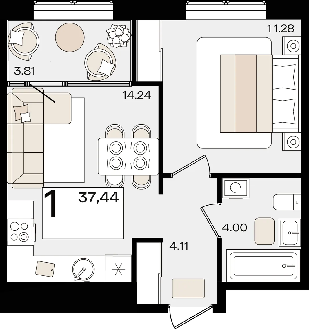 Планировка 1-комн. квартира, 37.44 м² ЖК «Патрики»