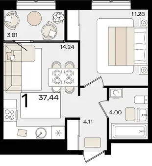 Планировка 1-комн. квартира, 37.44 м² ЖК «Патрики»