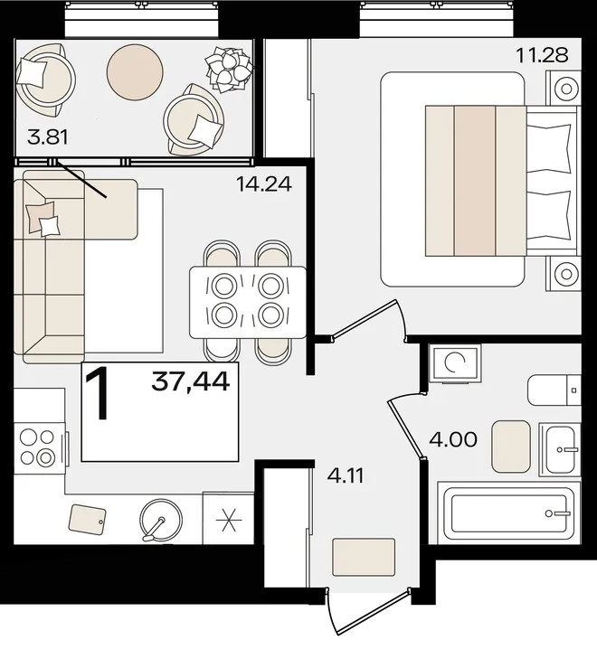 Планировка 1-комн. квартира, 37.44 м² ЖК «Патрики»