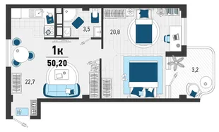 Планировка 1-комн. квартира, 46.7 м² ЖК «Монако»
