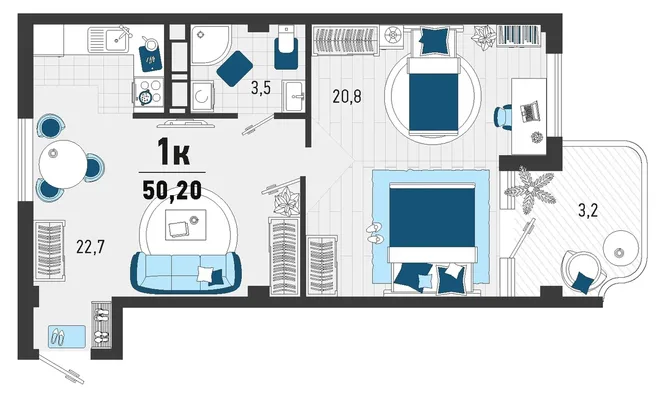 Планировка 1-комн. квартира, 47.5 м² ЖК «Монако» Планировка 1-комн. квартира, 47.5 м² ЖК «Монако»