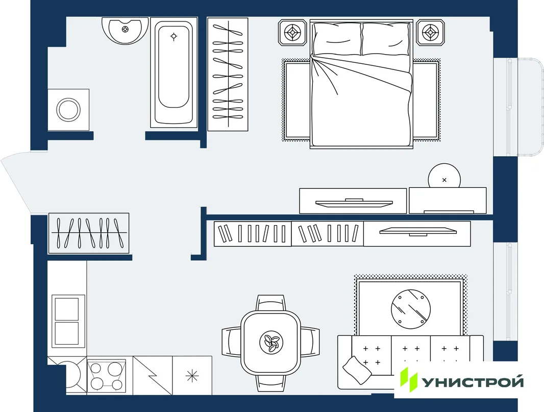 Планировка 1-комн. квартира, 37.71 м² ЖК «ГРАНД БЕРЕГ»