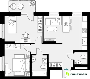 Планировка 2-комн. квартира, 61.91 м² ЖК «Уникум на Амирхана»