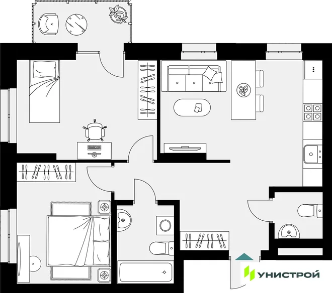 Планировка 2-комн. квартира, 61.91 м² ЖК «Уникум на Амирхана» Планировка 2-комн. квартира, 61.91 м² ЖК «Уникум на Амирхана»