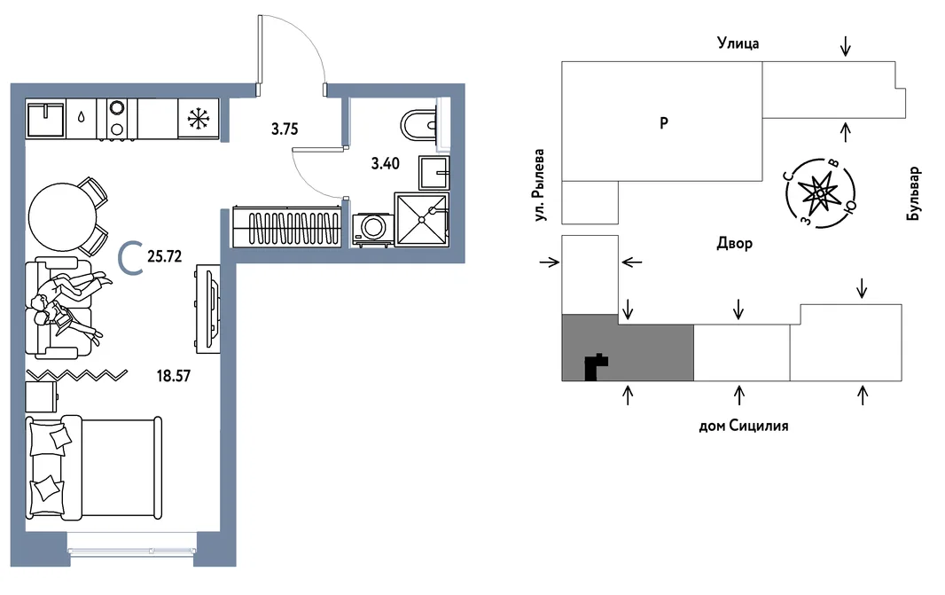 Планировка Студия, 25.72 м² ЖК «Остров-сад»