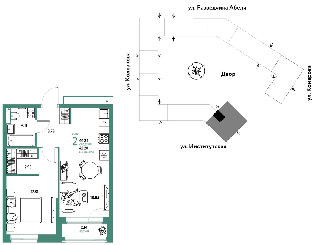 Планировка 2-комн. квартира, 44.34 м² ЖК «Страна.Парковая»
