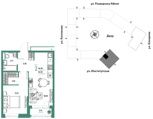 Планировка 2-комн. квартира, 44.34 м² ЖК «Страна.Парковая»