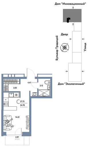 Планировка Студия, 27.75 м² ЖК «Микрорайон Домашний»