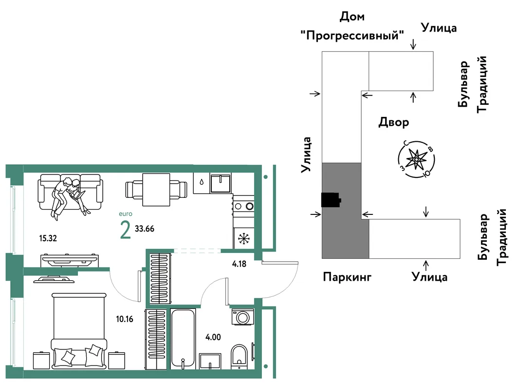Планировка 2-комн. квартира, 33.66 м² ЖК «Микрорайон Домашний»