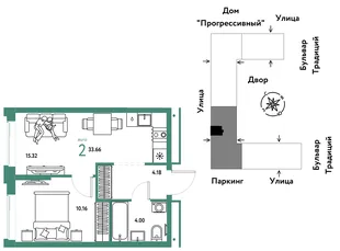 Планировка 2-комн. квартира, 33.66 м² ЖК «Микрорайон Домашний»