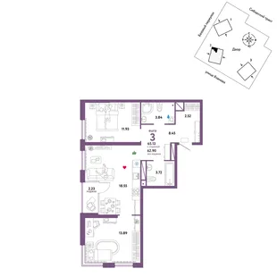 Планировка 3-комн. квартира, 65.13 м² ЖК «Сибирский сад»