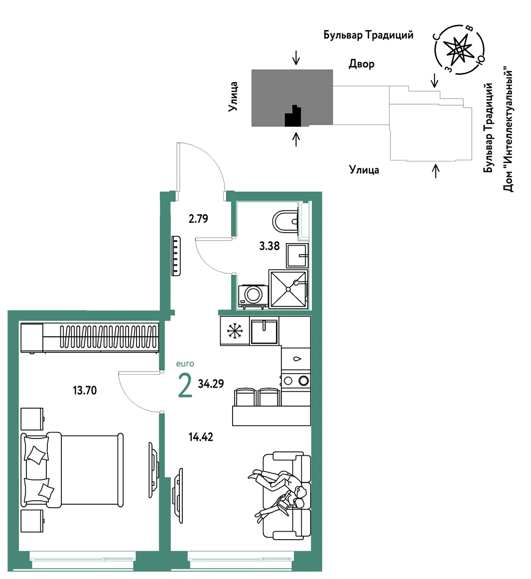 Планировка 2-комн. квартира, 34.29 м² ЖК «Микрорайон Домашний»