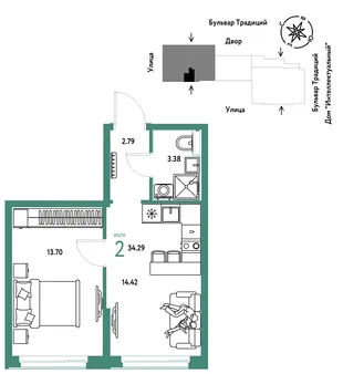 Планировка 2-комн. квартира, 34.29 м² ЖК «Микрорайон Домашний»