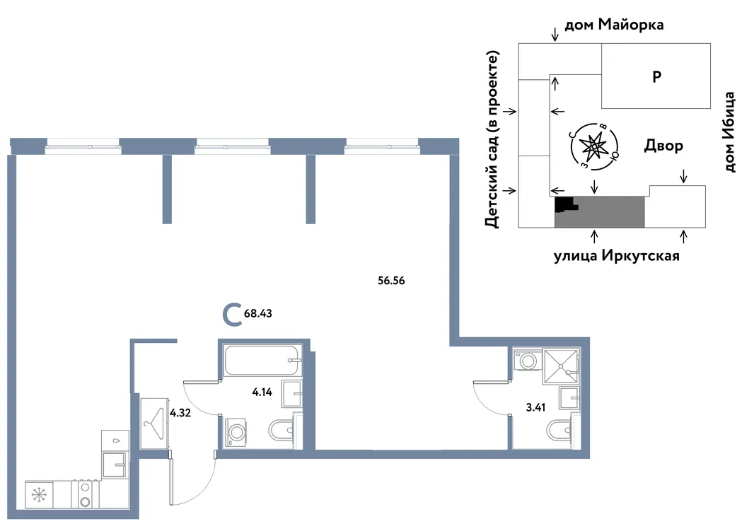 Планировка Студия, 68.43 м² ЖК «Остров-сад»